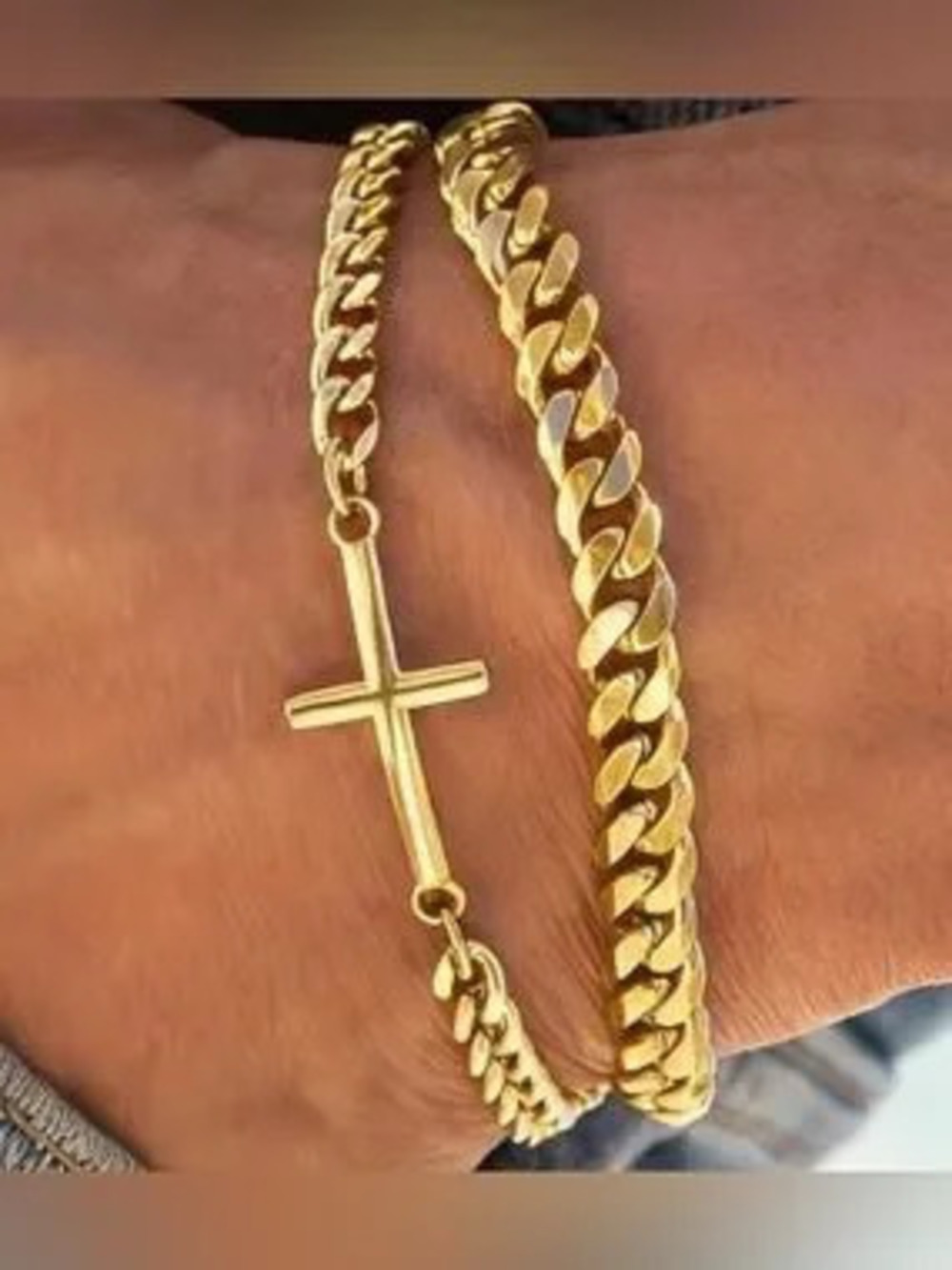 Anthropologie Gold Cross and Curb Chain Bracelet Set